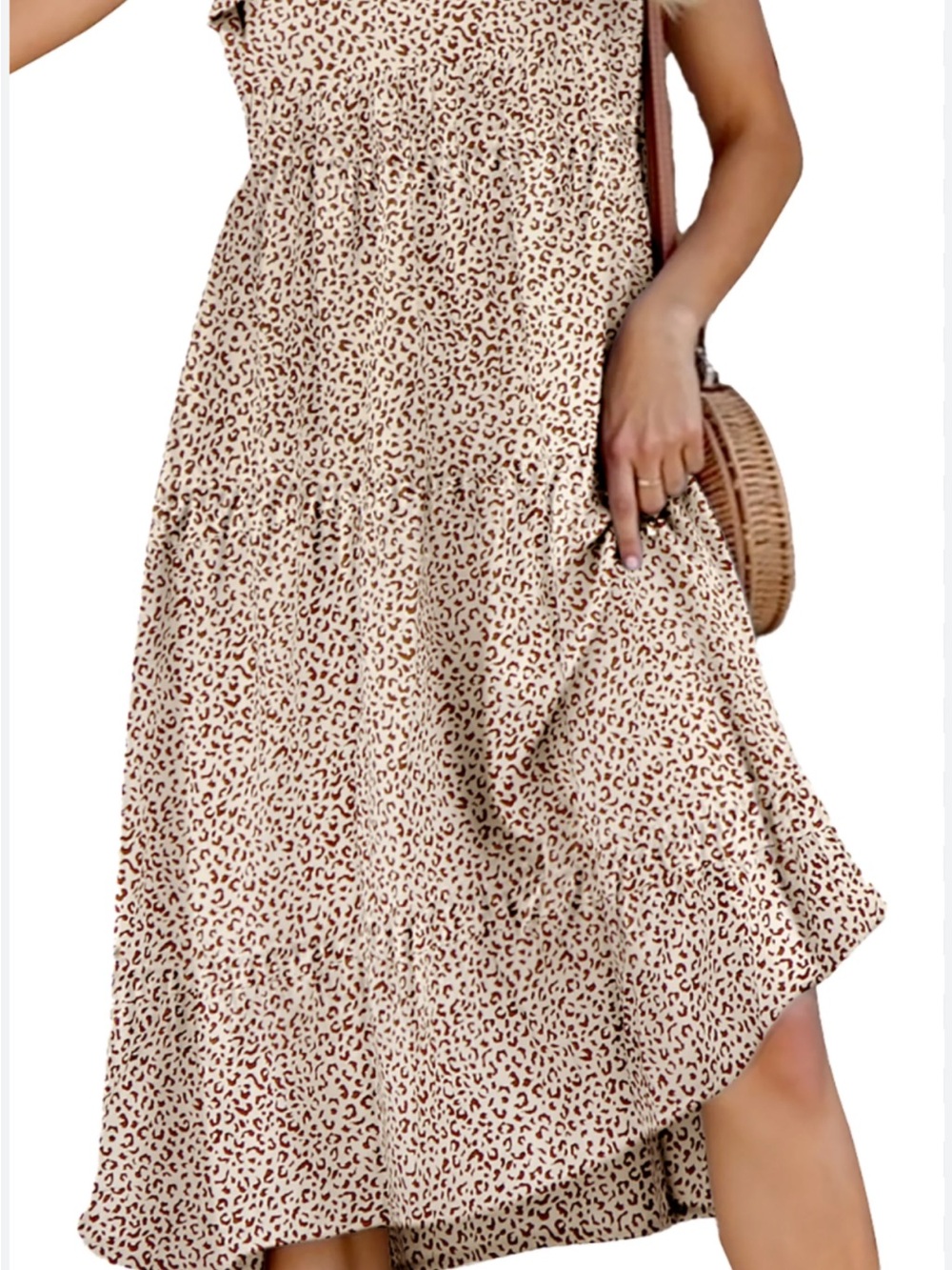 Flutter sleeve  Beige Leopard Print Tiered Midi Skirt